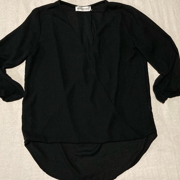 Veronica M V Neck Black Blouse with Elongated Shirt Tail - Picture 1 of 8